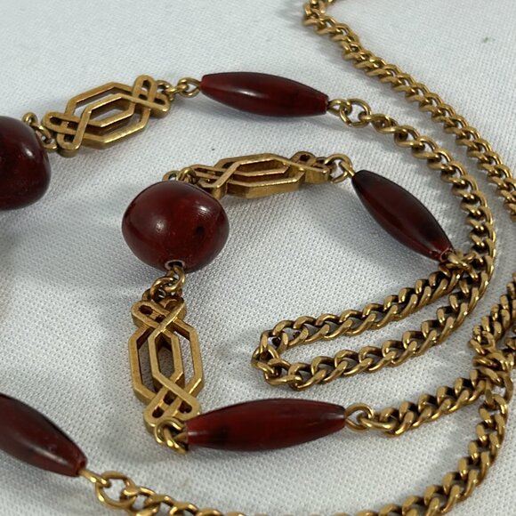 Vintage Sarah Coventry Gold Tone Brown Beaded Necklace Ornate Classic - Picture 5 of 7